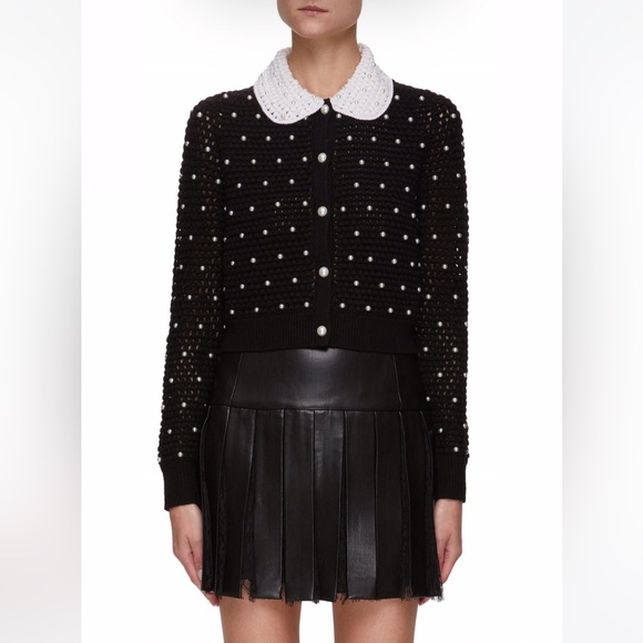 Alice + Olivia Collins Pearl Embellishment Crochet Collar Cardigan Sweater S - Picture 4 of 16